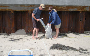 Photo of two researchers putting beach sand from a coring device into a bag.