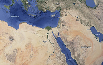 an aerial view of northern Africa, the Arabian Peninsula and the Mediterranean Basin