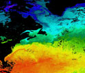 sea-surface temperatures off Eastern North America where purple is freezing temp.