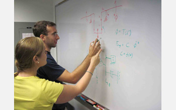 Photo of two researchers working on a problem at a white board.