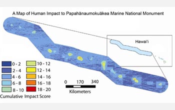 A map of the Northwestern Hawaiian Islands shows human impacts on coral reefs there.