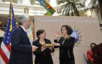 NSF Director France Cordova takes the oath at NSF headquarters with her cousin and John Holdren