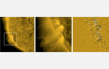 Images showing narrow jets of material streaking upward from the Sun's surface at high speeds.