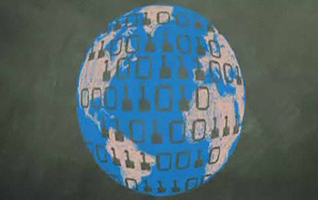 Illustration of globe superimposed with ones and zeroes.