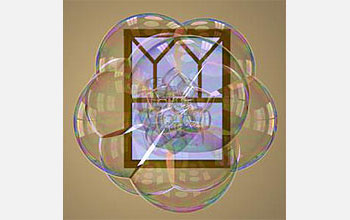 Bubble cluster in front of a Gothic window