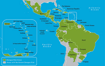 map of western hemisphere showing countries with dengue fever cases