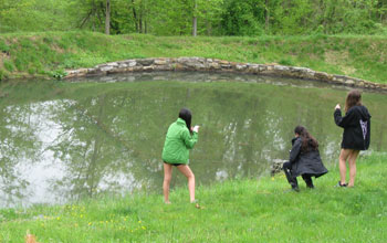 Photo of students exploring a pond ecosystem with mobile phones.