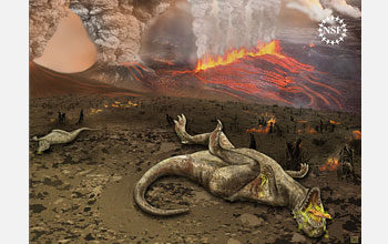 Illustration of dinosaurs dying amid a volcanic eruption.