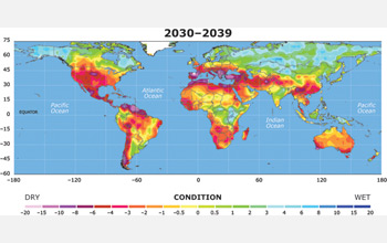 Map showing expansion of dryland on Earth by 2039.