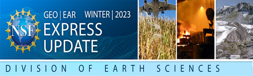 Banner of NSF EAR Express News Winter 2023. Contains 3 images from recent news articles
