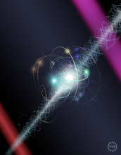 Artist's representation of an electron traveling between two lasers in an experiment.