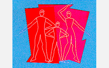 Illustration of a man, woman and child on a red polygon with blue margin.