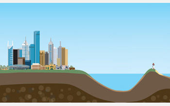 Illustration of city with skyscrapers separated from a lighthouse by sea.