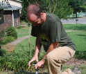 Researcher monitoring  lawn fertilization.