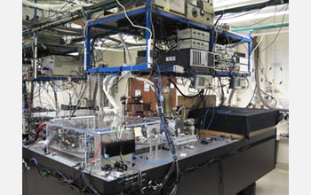 Photo of the laboratory setup, showing the optical table that supports the vacuum chamber.