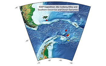 Map showing proposed drill sites in the Scotia Sea for IODP Expedition 382.