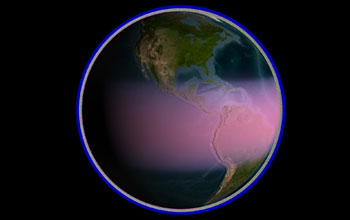 Earth with a purple border and red area extending across equatorial region.