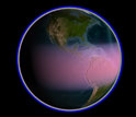 Earth with a purple border and red area extending across equatorial region.