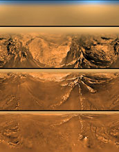 Photos from the Huygens probe descending onto the surface of Saturn's moon, Titan.