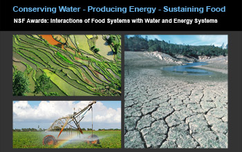 Landscape photos and text, Conserving Water - Producing Energy - Sustaining Food