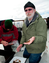 Photo of Phil Hastings and Grant Galland on the Sproul with specimens collected off San Diego.