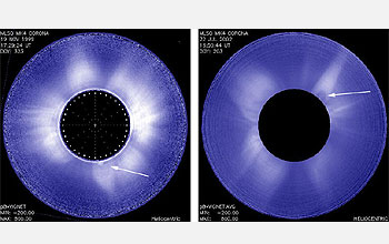 This image taken in November 2002 shows a coronal mass ejection (CME) that has erupted.