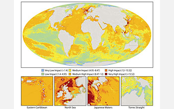 Global map of human impact on world's oceans.