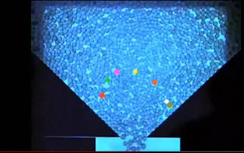 Computer generated image of colored granular materials poured out of a container.