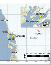 the location of the Nuugaatsiaq landslide (yellow star)