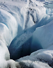 Water flowing from the surface to the bed of the Greenland ice sheet.