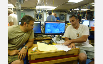 Photo of scientists Rich Camilli and Chris Reddy aboard the Endeavor in the Gulf of Mexico.