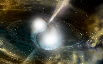 Artist's illustration of two merging neutron stars producing gravitational waves.