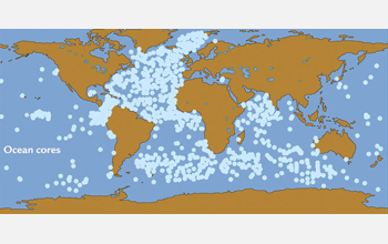 World map showing location of sediment cores from beneath the sea-floor.