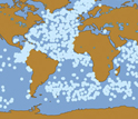 World map showing location of sediment cores from beneath the sea-floor.