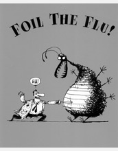 Cartoon entitled Foil the Flu depicting a man poking a needle into a virus.