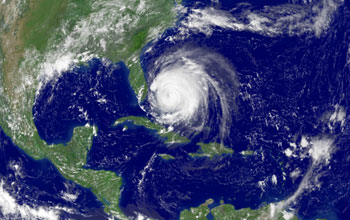 A satellite image of an Atlantic hurricane.