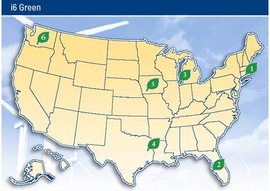 U.S. map with locations of 6 winning i6 Green teams.