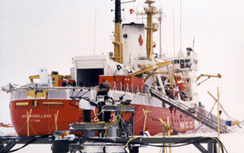 Photo of Des Groseillers, a Canadian icebreaker, frozen into Arctic ice.