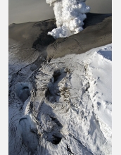 Collapse structures in the ice cap as a result of subglacial outflow of water in Iceland.
