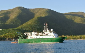 Research vessel Walton Smith moored in St. John’s Great Lameshur Bay in the U.S. Virgin Islands.