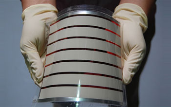 Photo of two gloved hands holding a transparent, flexible, polymer solar panel.