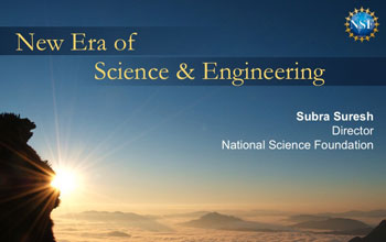 a sunrise and the words new era of science and engineering