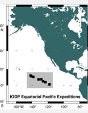 Map showing locations of ocean drilling expeditions in the equatorial Pacific ocean.