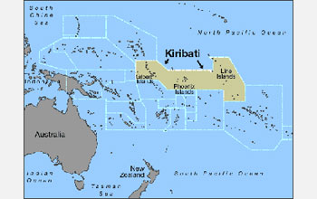 Map showing Kiribati and the 33 coral atolls that make up this nation.