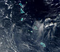 Satellite photo of the islands of Kiribati seen from space.