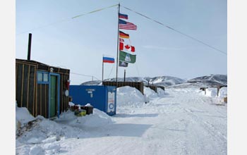 Photo of the field camp on the shore that housed 40 scientists and staff members for four months.