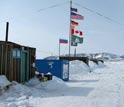 Photo of the field camp on the shore that housed 40 scientists and staff members for four months.