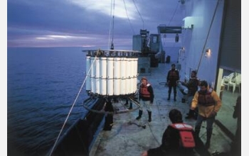 Oceanographers deploy an instrument as part of a study of the marine environment off California.