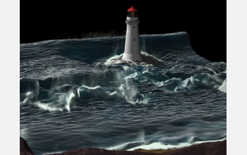 A computer generated simulation of waves parting around a lighthouse.