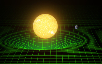 This graphic shows how the sun and Earth warp space time